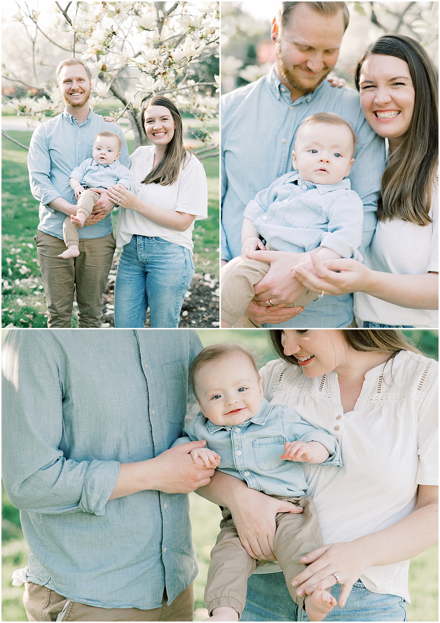 Carlisle Spring Family Session with family of three under blooming floral tree 