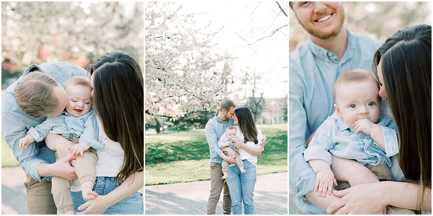 mom and dad kissing newborn baby during spring family session by Addie Eshelman 