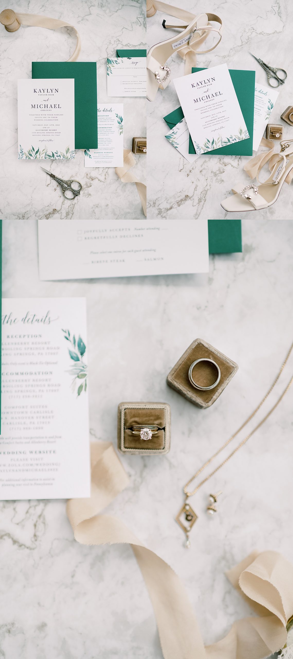 detailed flat lay at the allenberry with diamond engagement ring and ring boxes