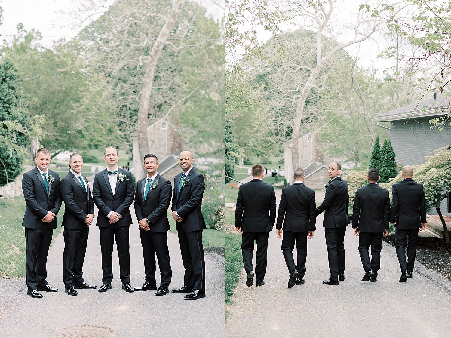 groom and groomsmen wearing black tux's with green accents 