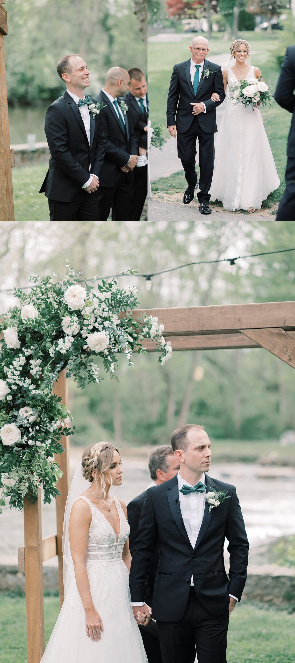 groom sees bride for the first time walking down he aisle with her father 