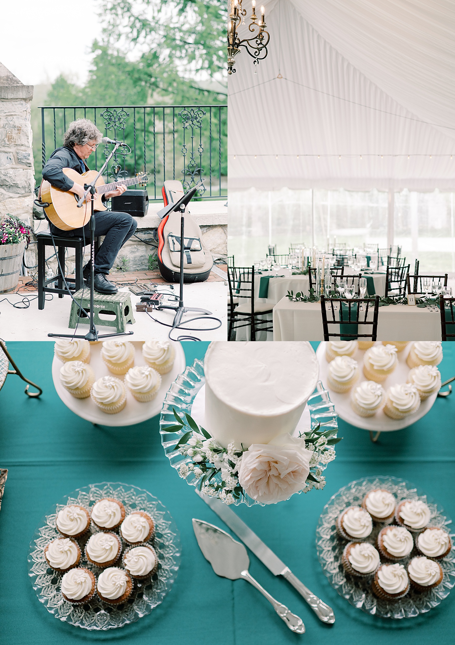 wedding reception location under large white event tent with wedding cake and cupcakes 