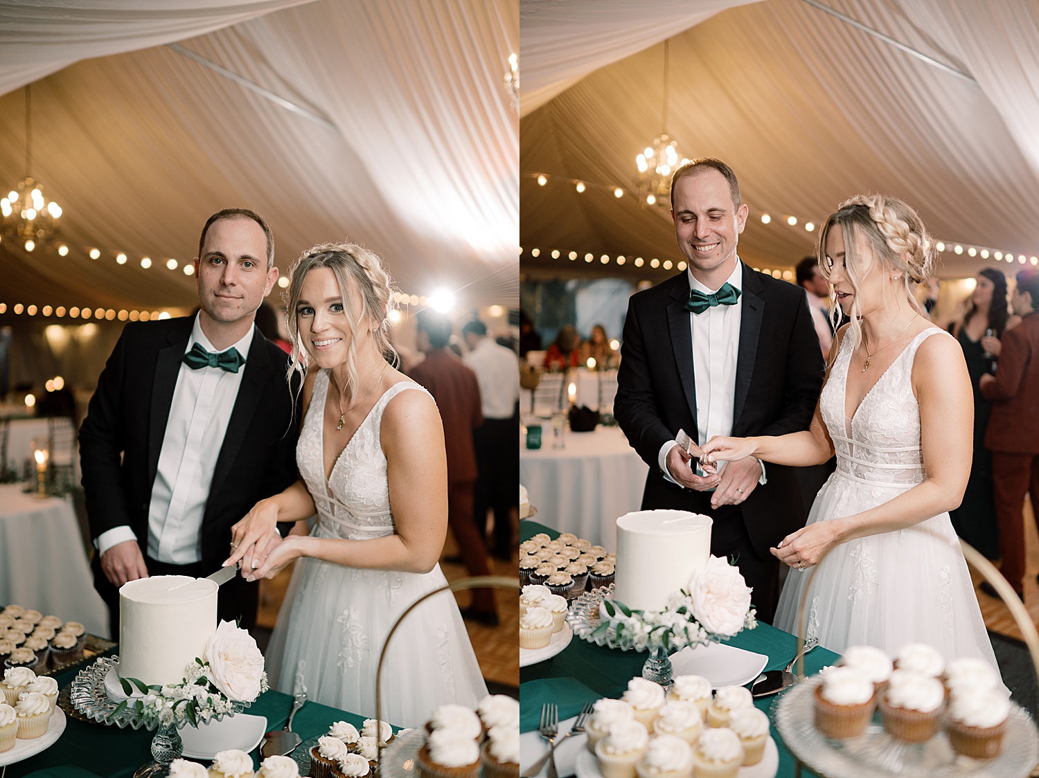 cake cutting at wedding reception under white tent at the allenberry with white roses