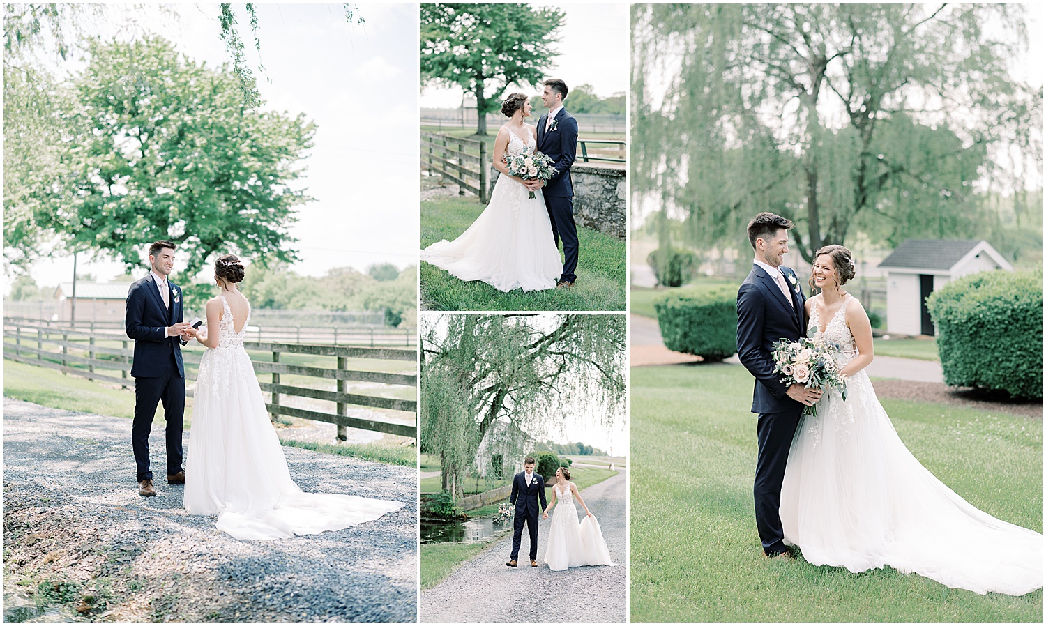 bridal portraits of bride and groom on venue property after private first look 
