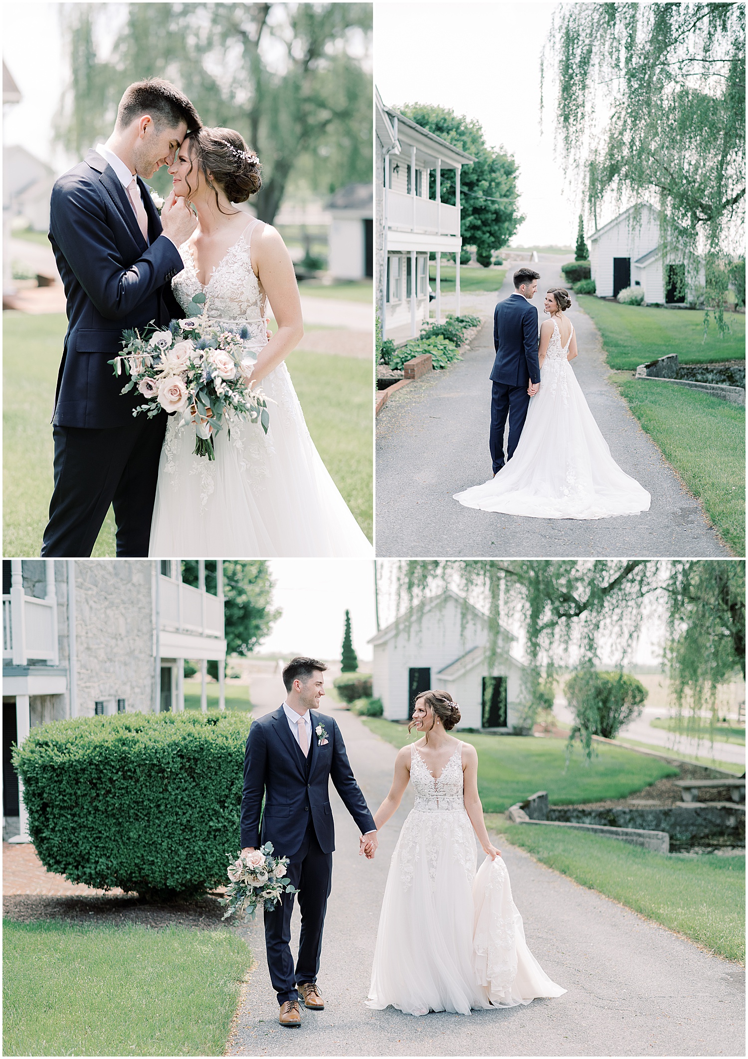 bride and groom walking along path of Dupont Farm Wedding venue before ceremony 