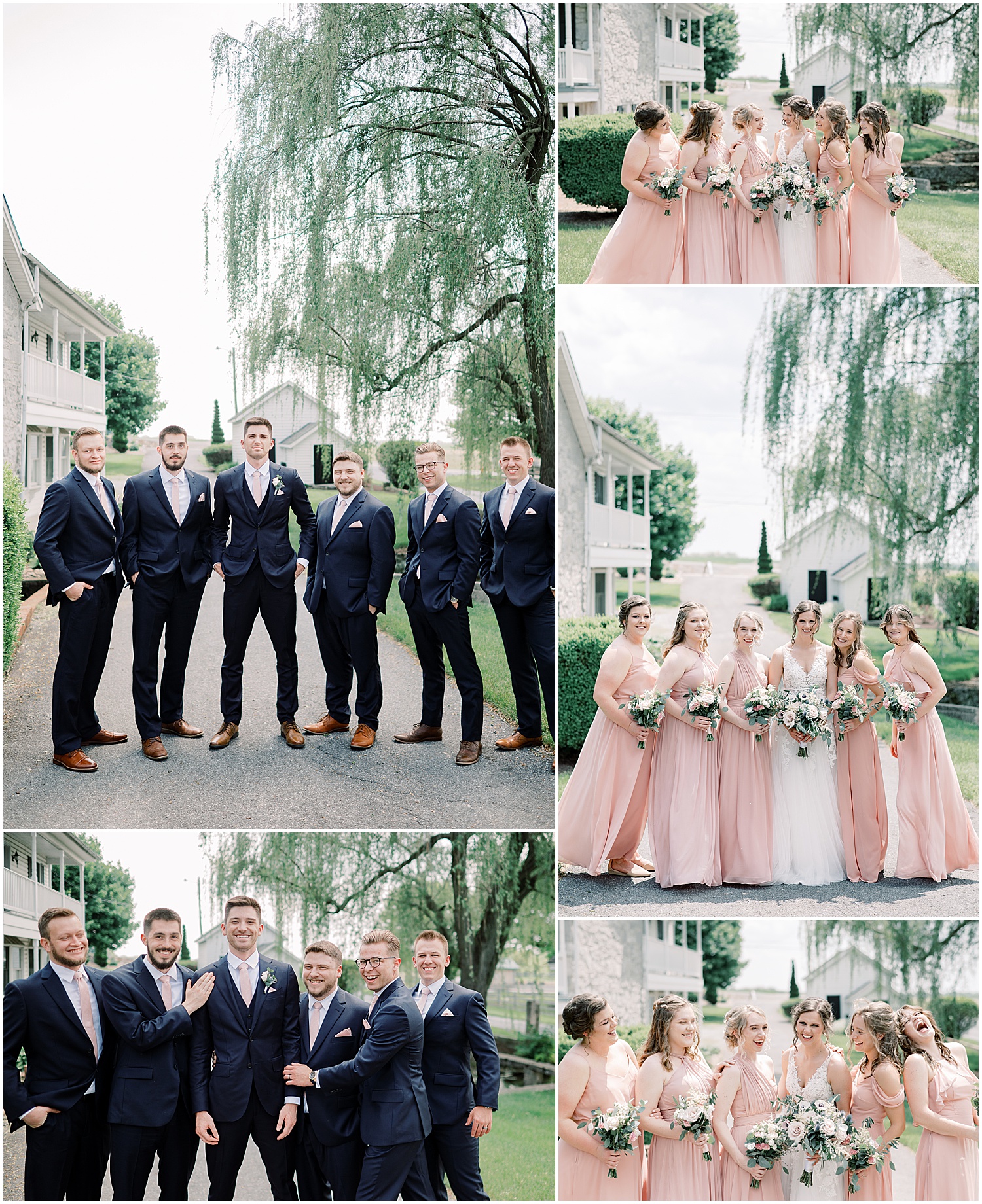 wedding party wearing navy blue suits and blush pink ties holding wedding bouquets 