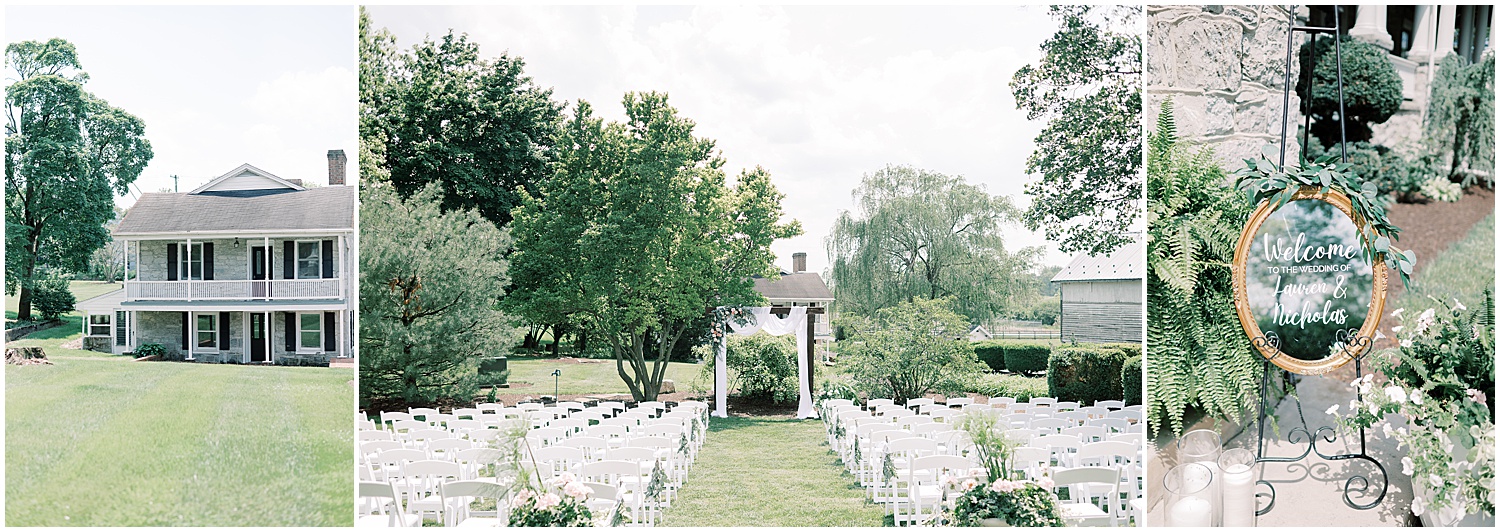 wedding venue ceremony location with gold accent pieces and white ceremony chairs 