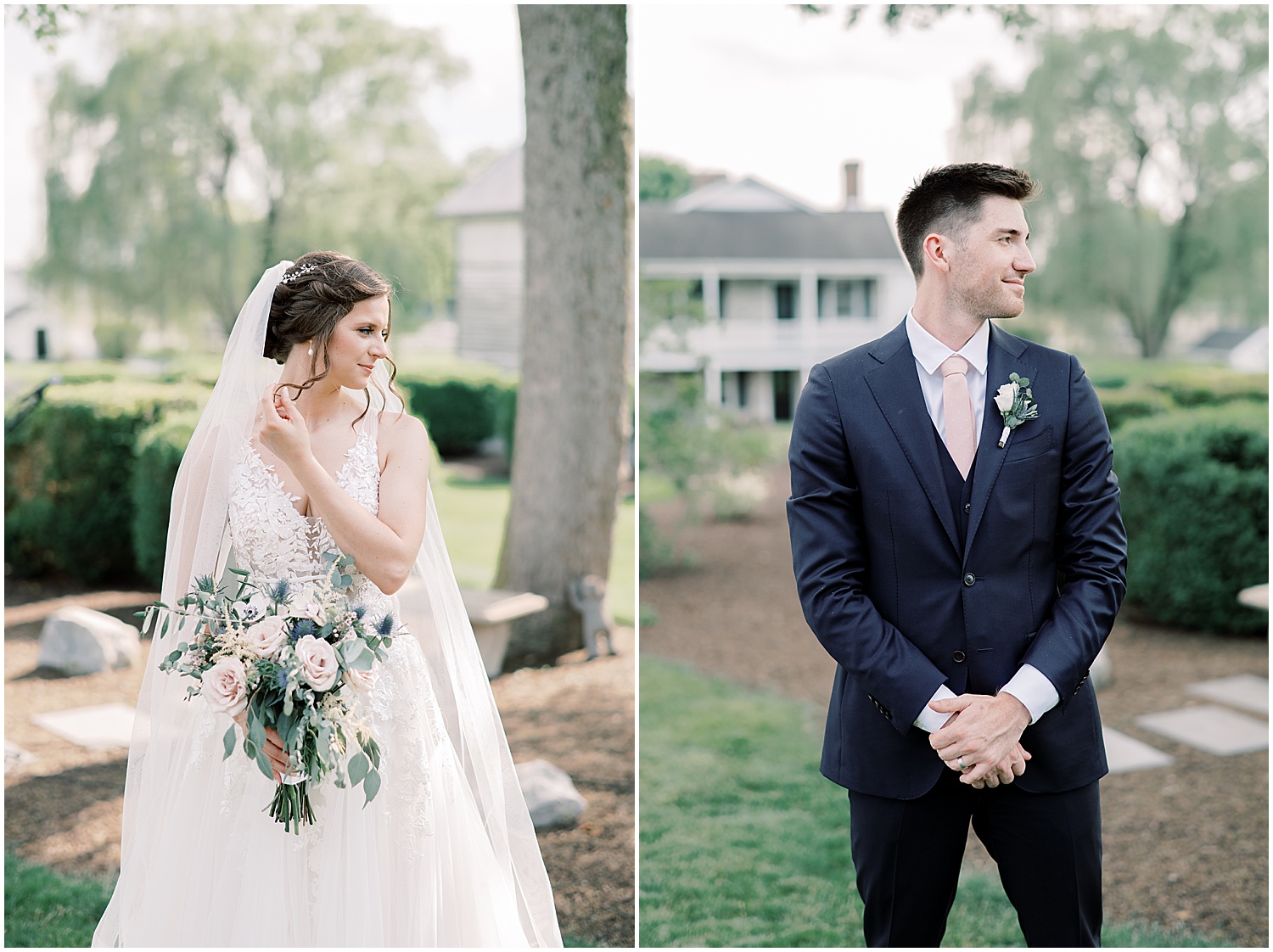 bride holding wedding florals while groom wearing navy blue suits and a boutonnière 