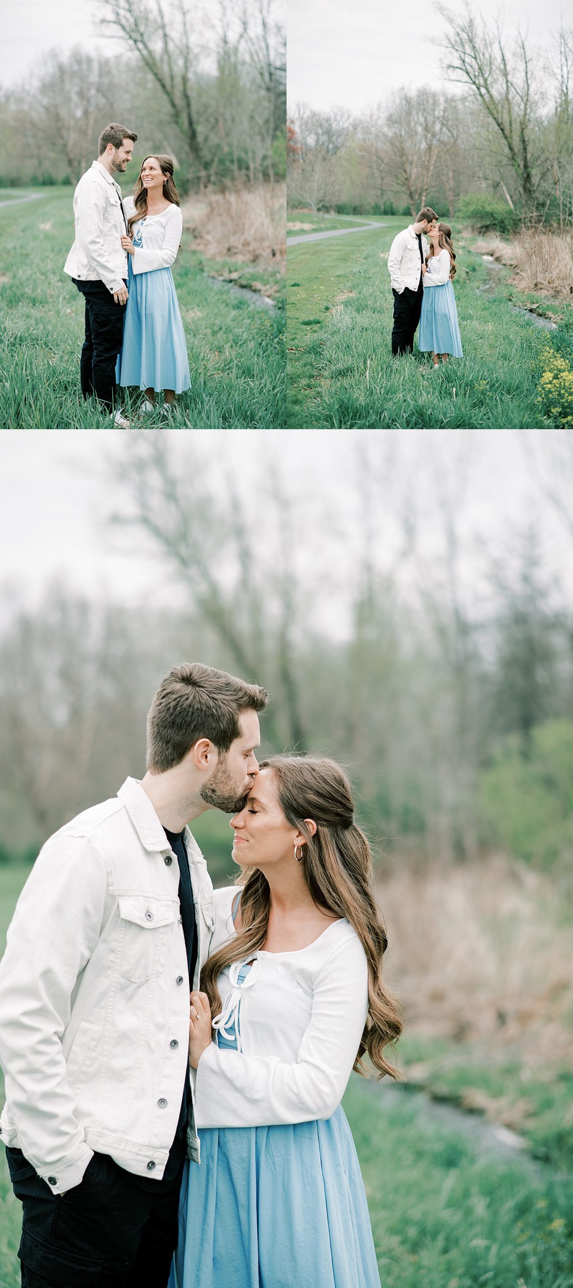 Lauxmont Farms Engagement Session wearing blue dress with white sweater 