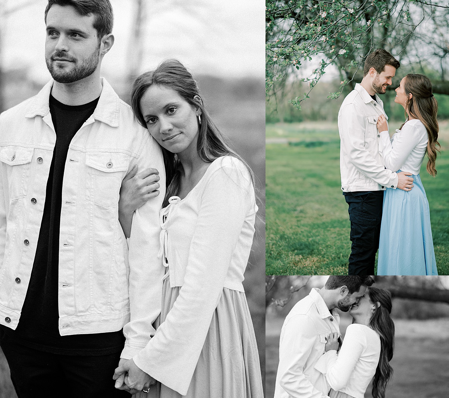 engaged man wearing white jean jacket and black jeans during engagement session 