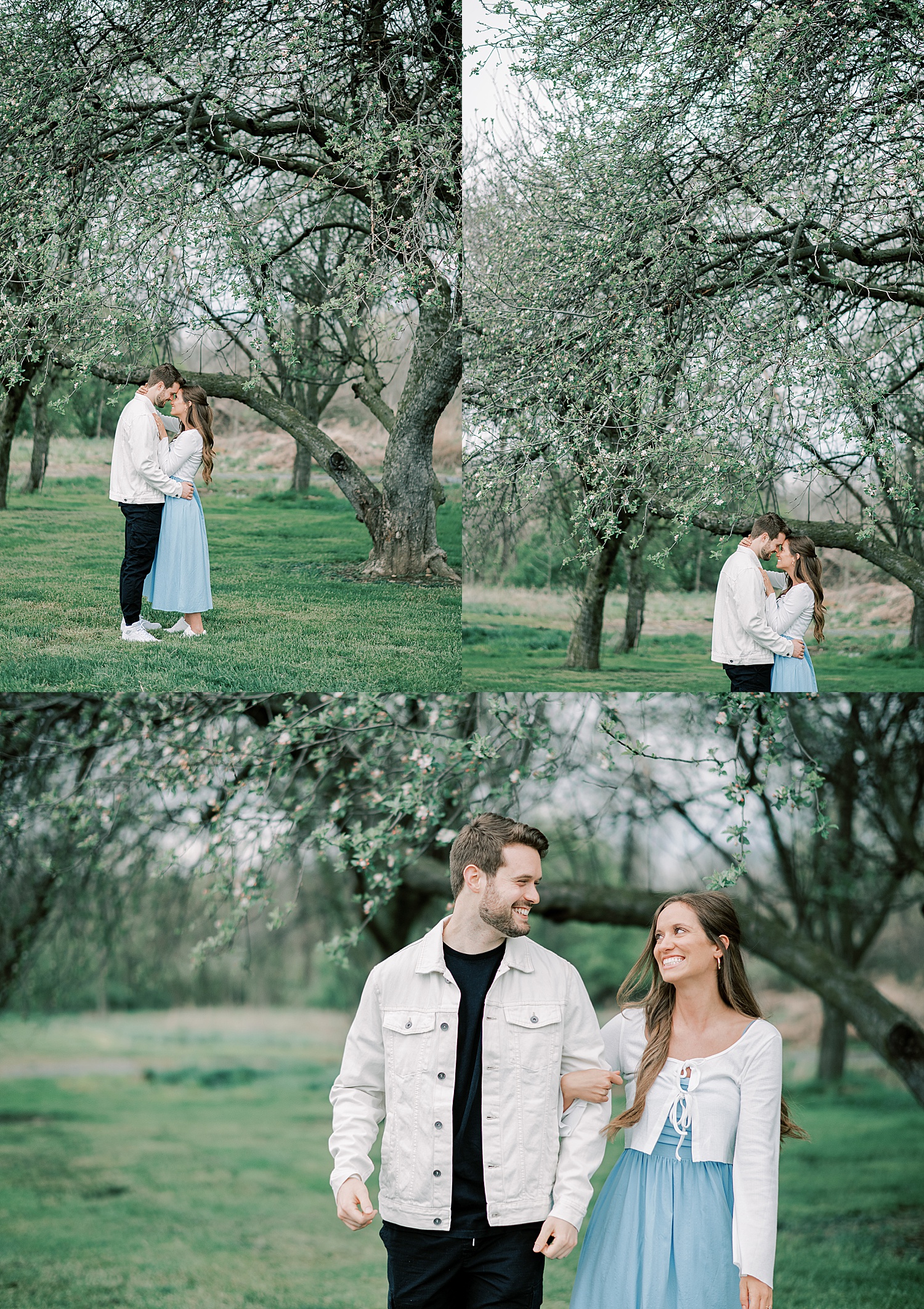 engaged couple standing under tree on cloudy day during engagement session 
