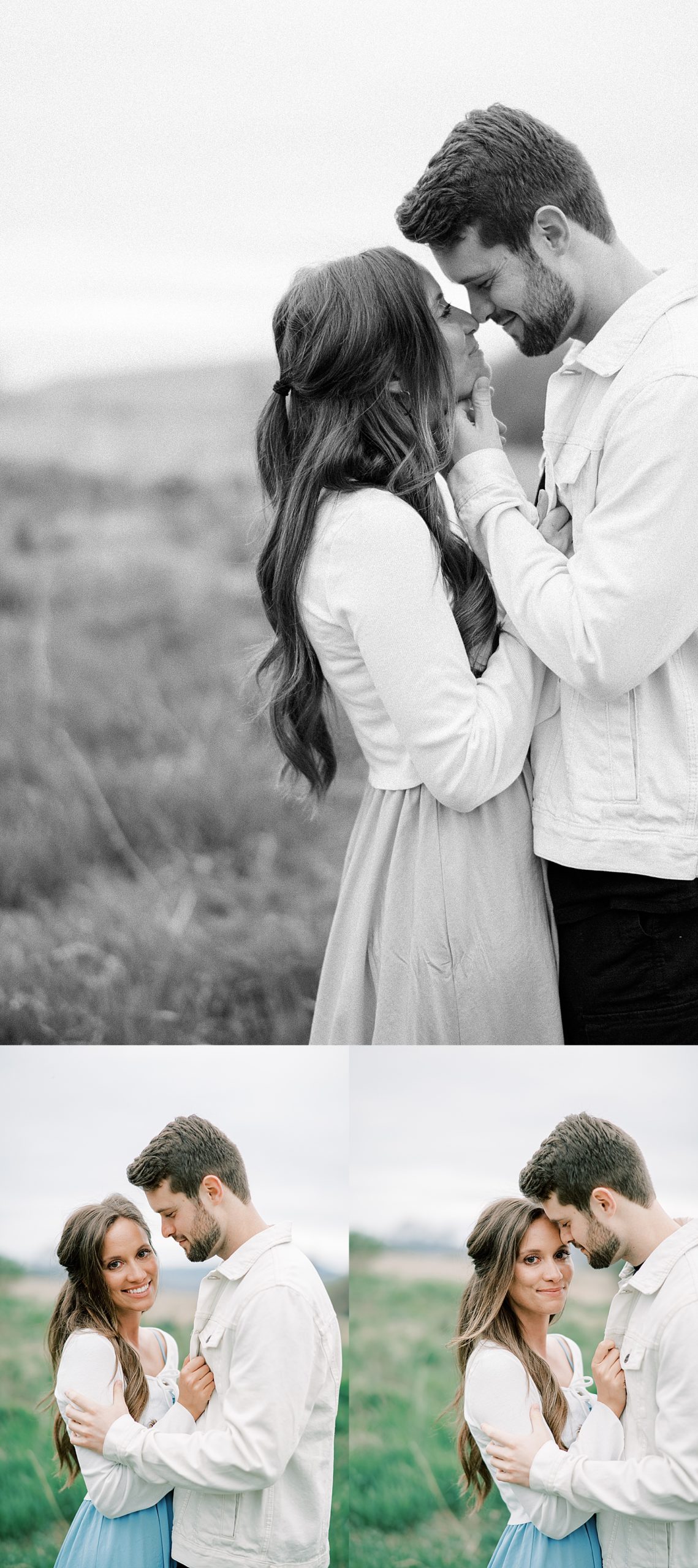 brunette with long hair and fiancé smiling during engagement session 