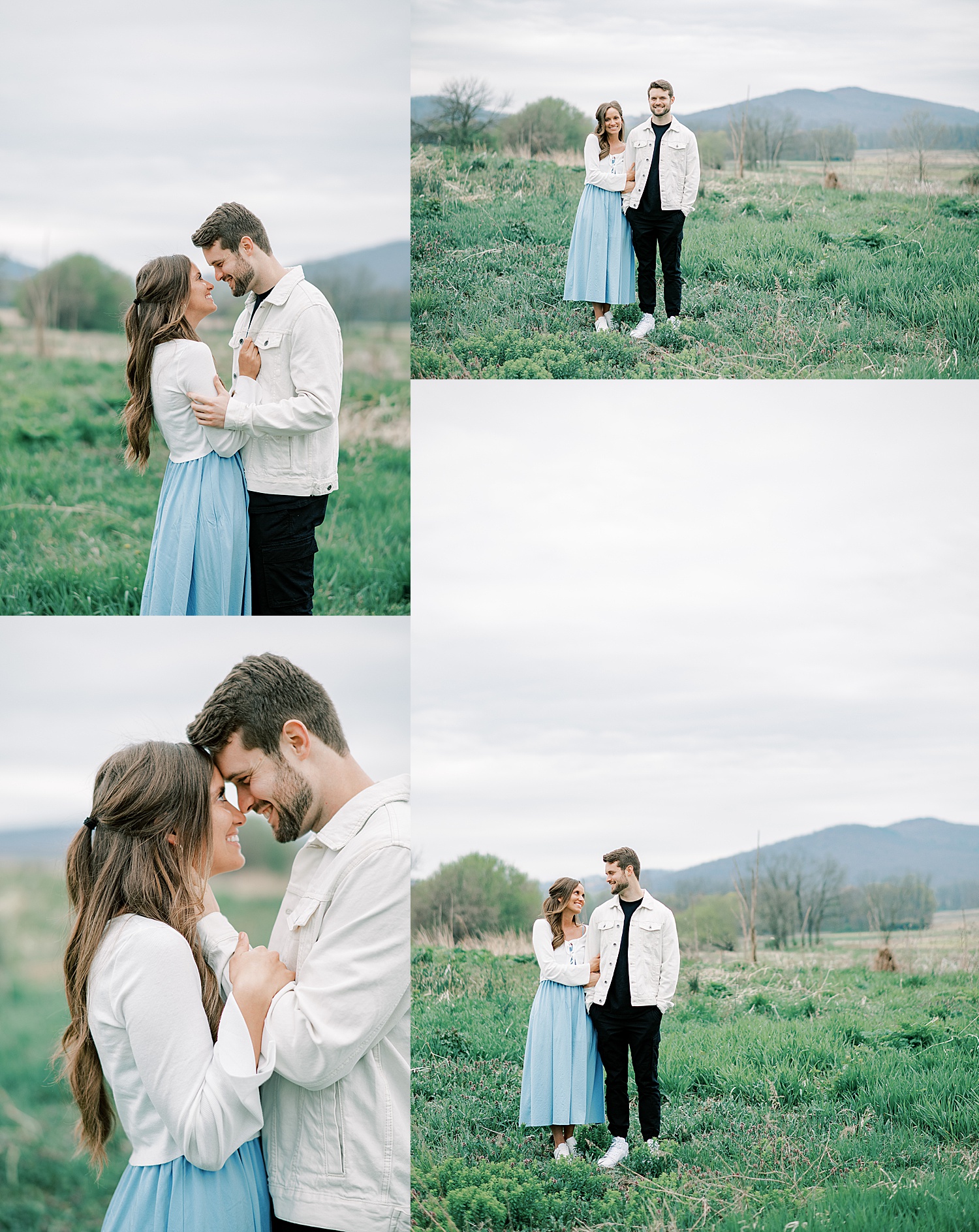 Lauxmont Farms Engagement Session with mountains in the background and wearing white jackets on a cloudy day 