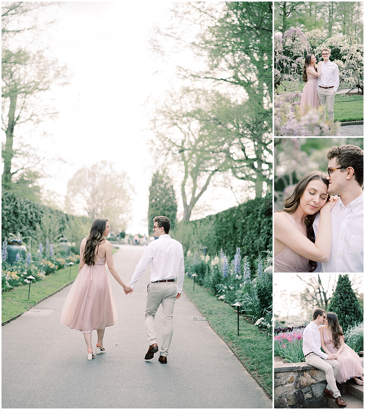 couple walking the gardens path with flowers blooming in Pennsylvania with engagement photographer 