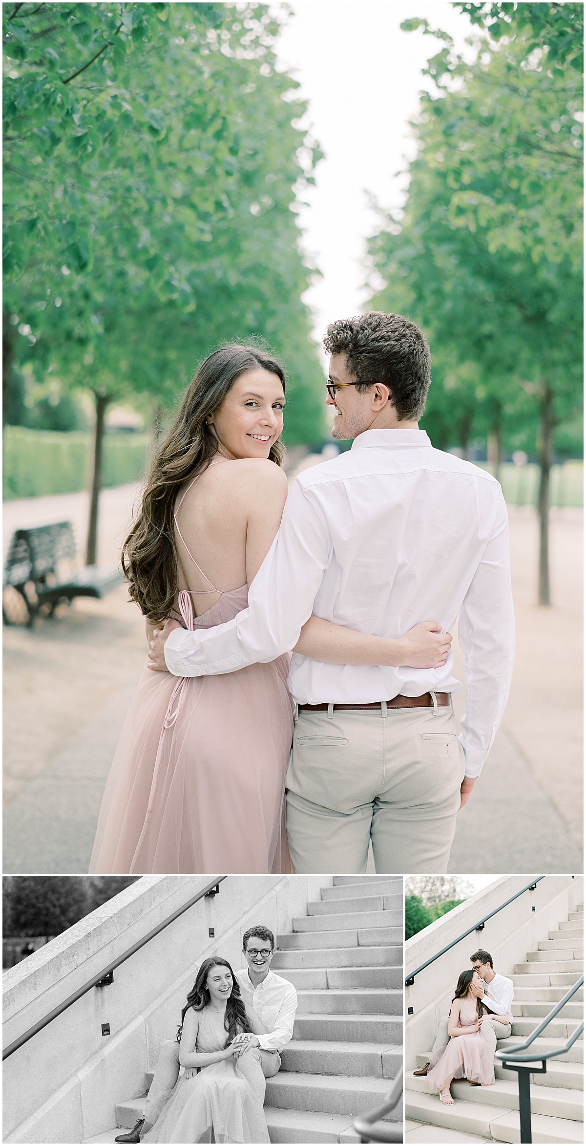newly engaged couple wearing blush pink dress and dress shirt and pants by Addie Eshelman