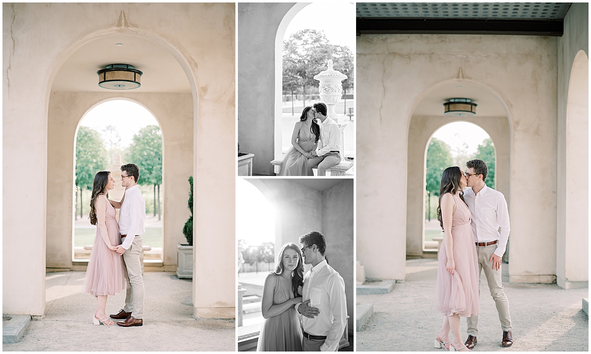 standing in the arches of Longwood Gardens for engagement session with Pennsylvania engagement photographer 