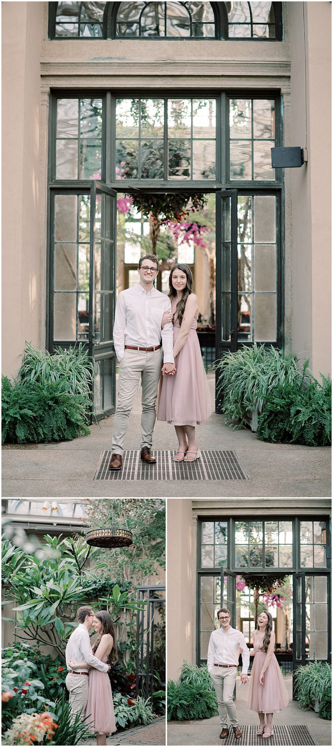 couple walking in greenhouse during engagement session at Longwood Gardens with a long dress and dress clothes 