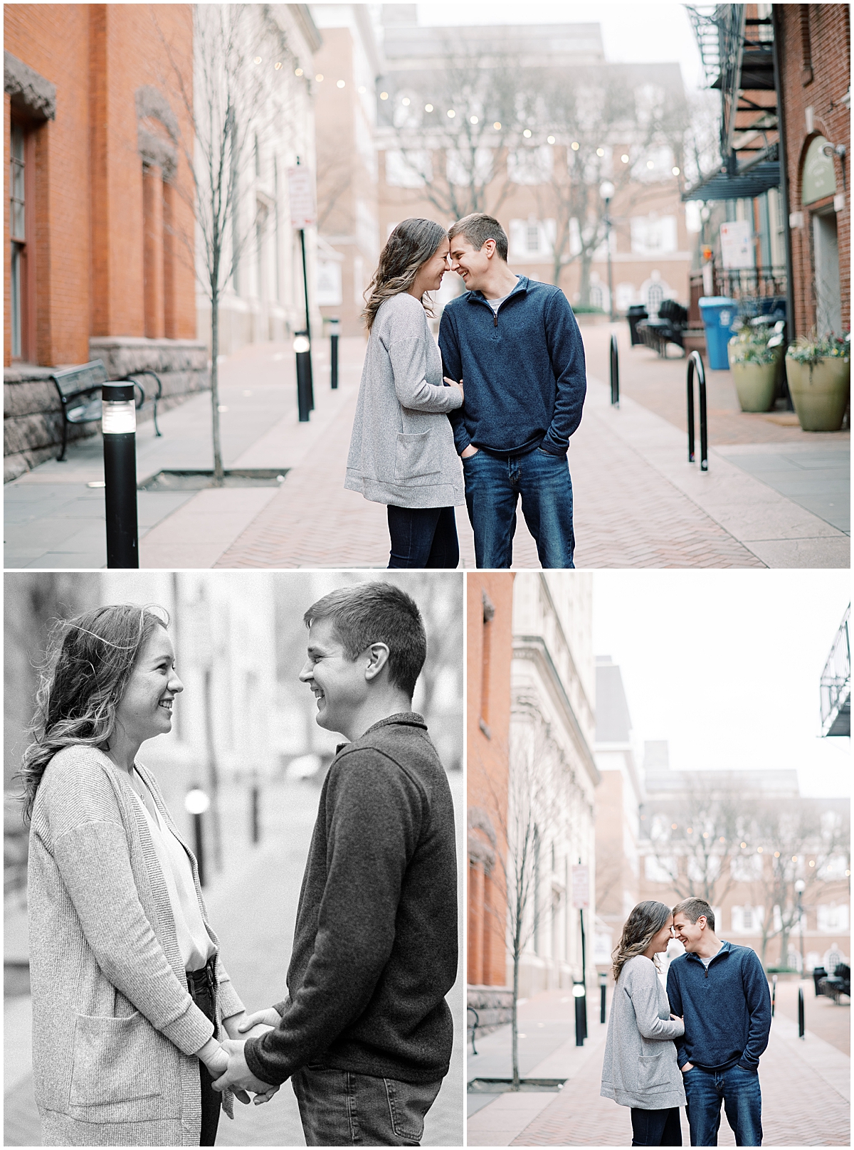 downtown Lancaster session walking on brick sidewalk in a sweater with couple 