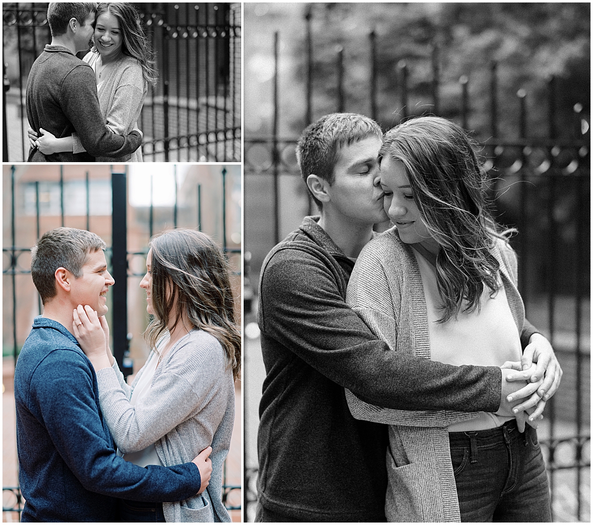 couple wrapped into each others arms during engagement session showing off diamond ring 