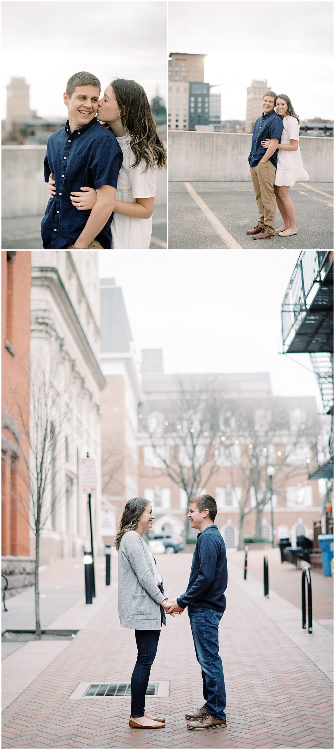 formal engagement photos in downtown Lancaster with couple wearing button up dress shirt and short white dress 