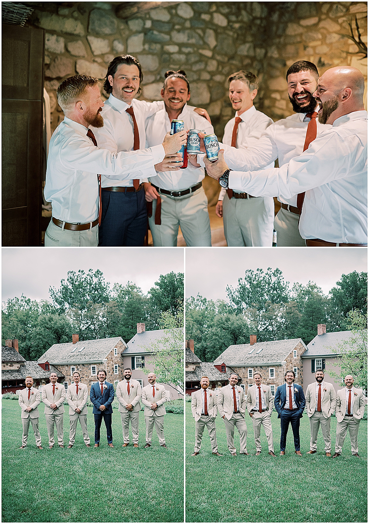 groom and groomsmen cheers beers while getting ready for wedding cermony