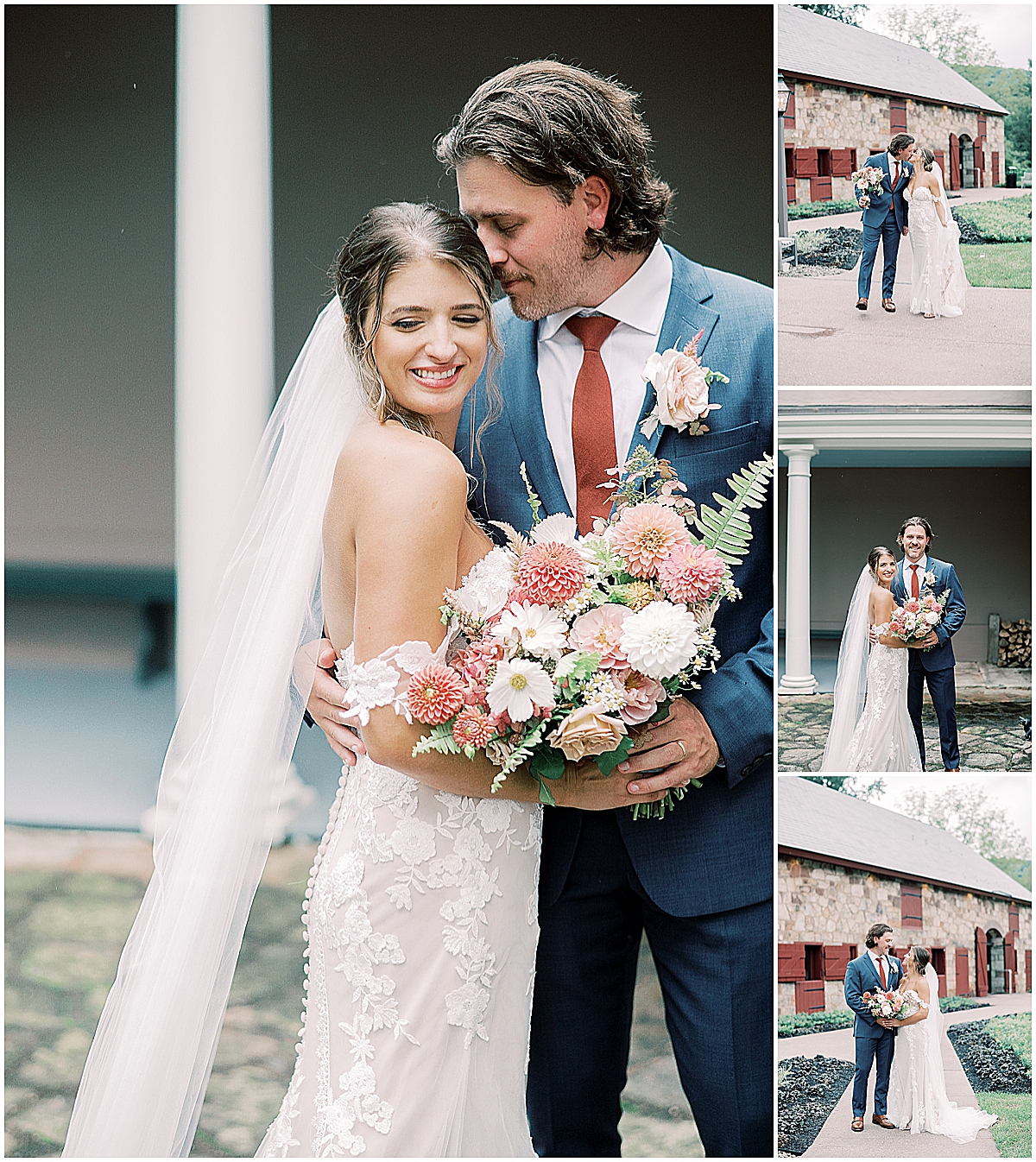 newly married couple portraits with long veil and holding floral wedding bouquet