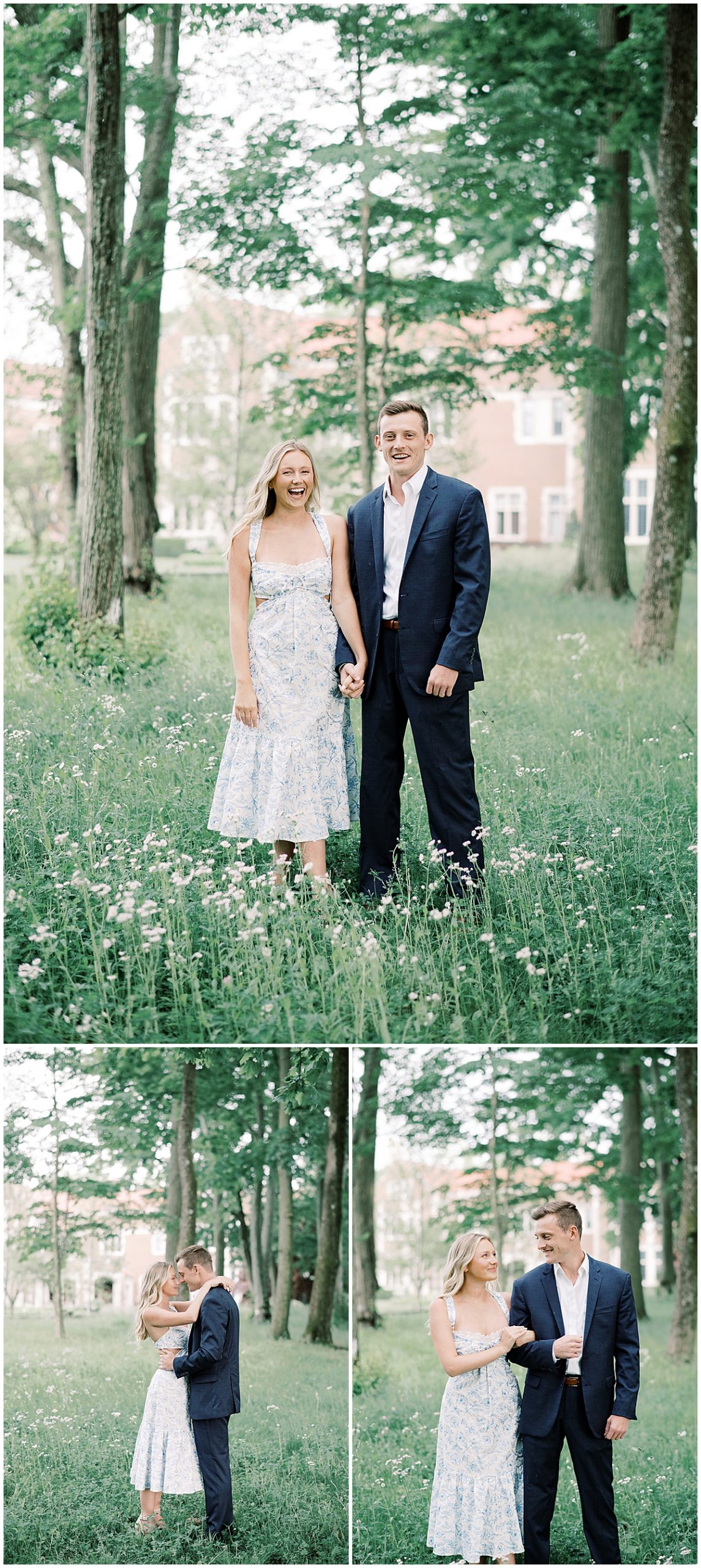 man and woman standing in grass field at waveny house for engagement session 