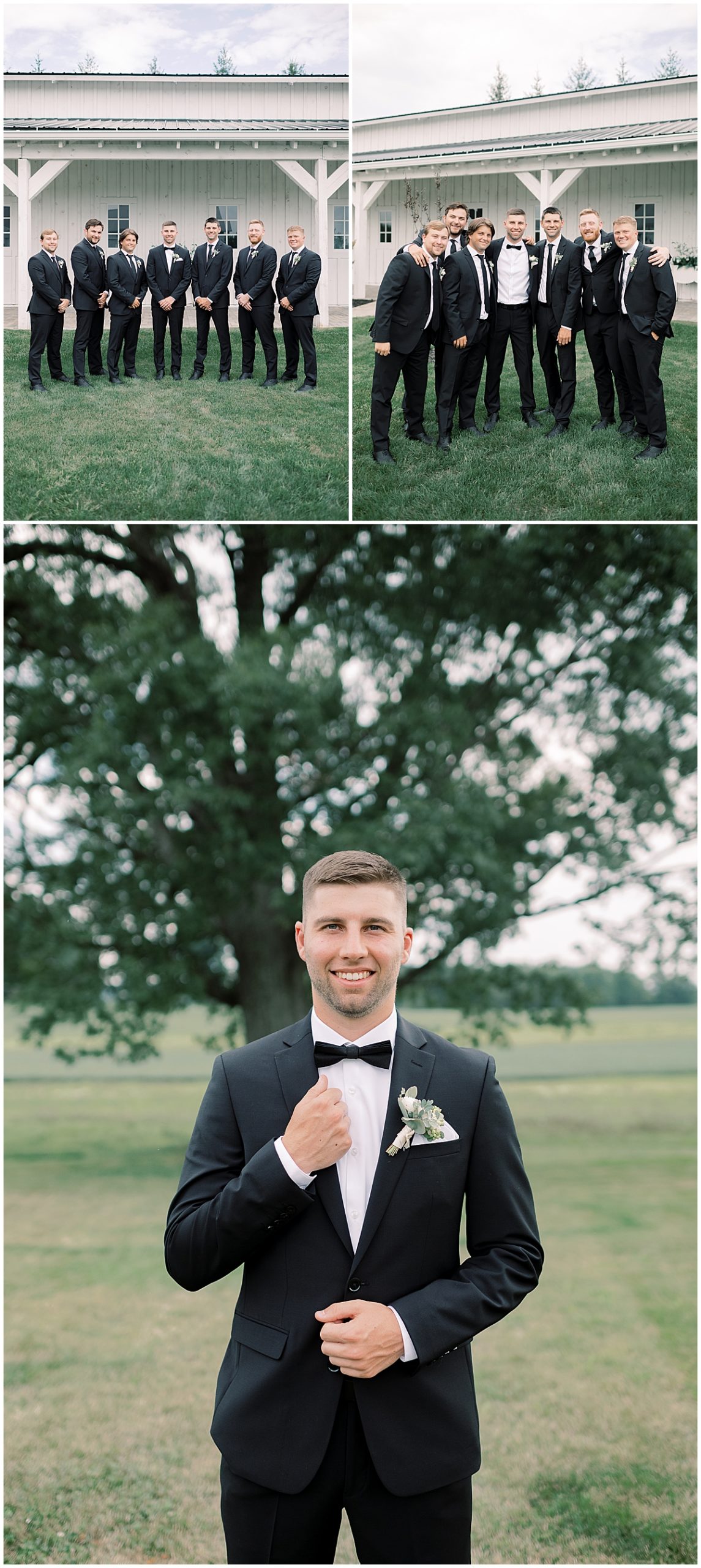 groom and groomsmen wearing black suits and bow ties at the white barn wedding venue 
