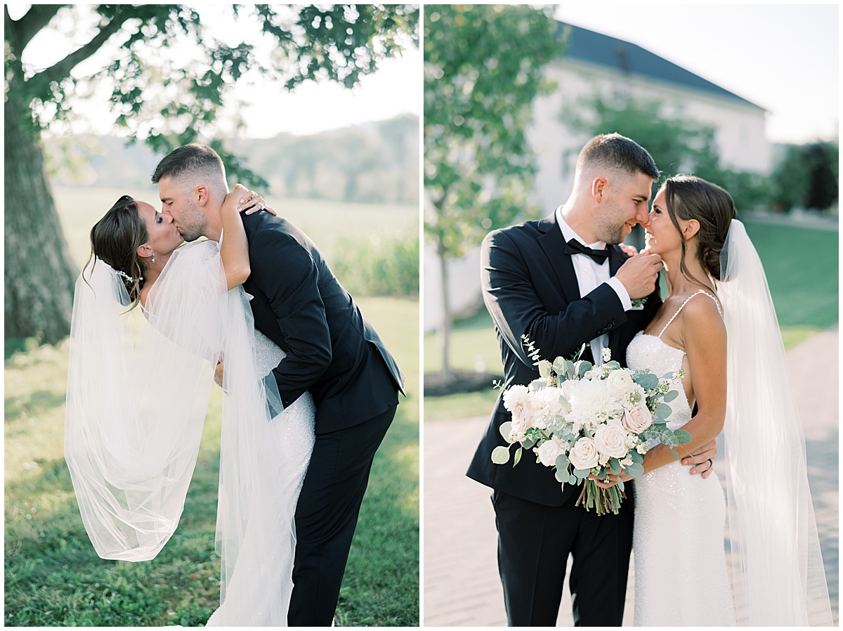 husband dips new wife while kissing her by Maryland wedding photographer 