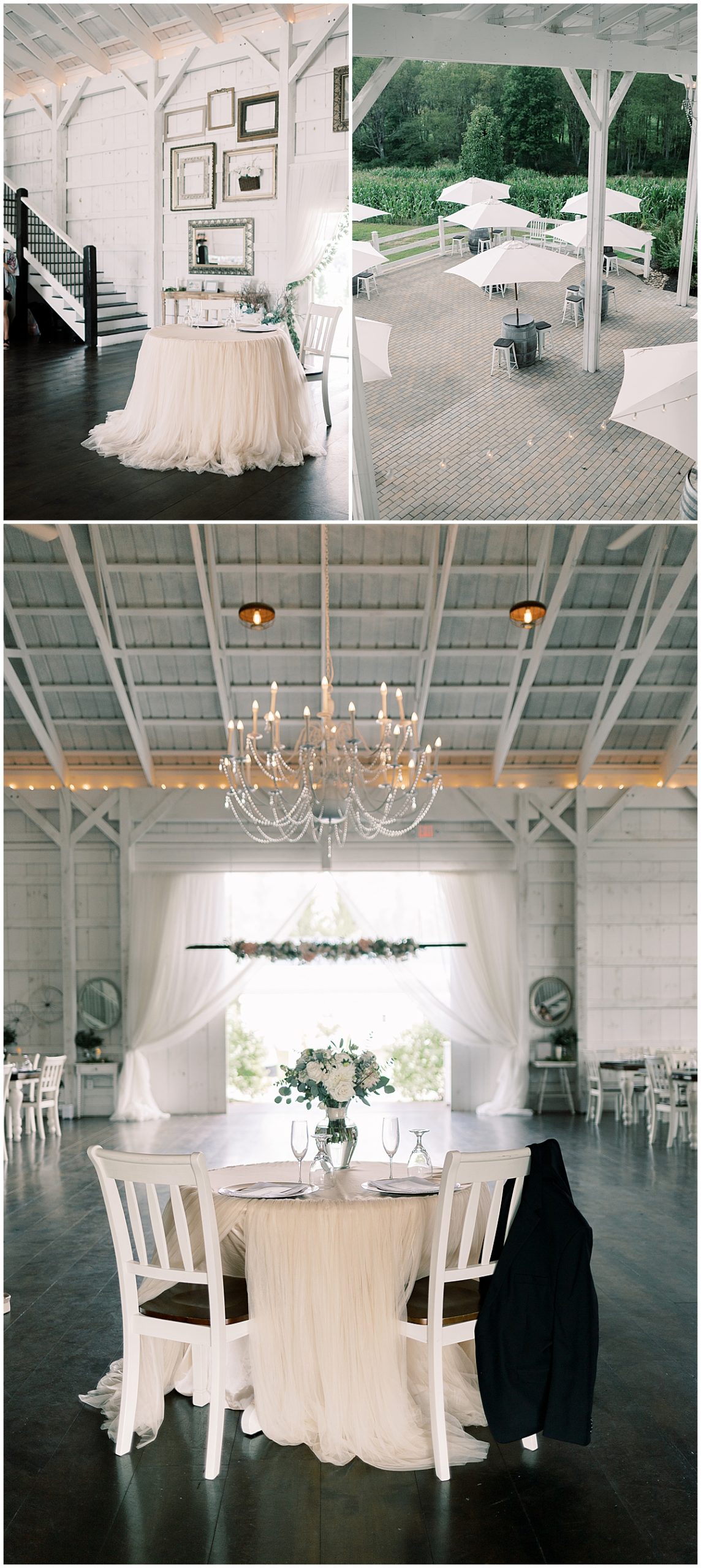 wedding venue details of head table inside barn by Maryland wedding photographer 