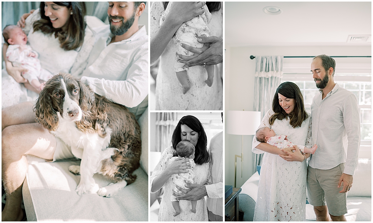 newborn session with family dog and new parents at their house 