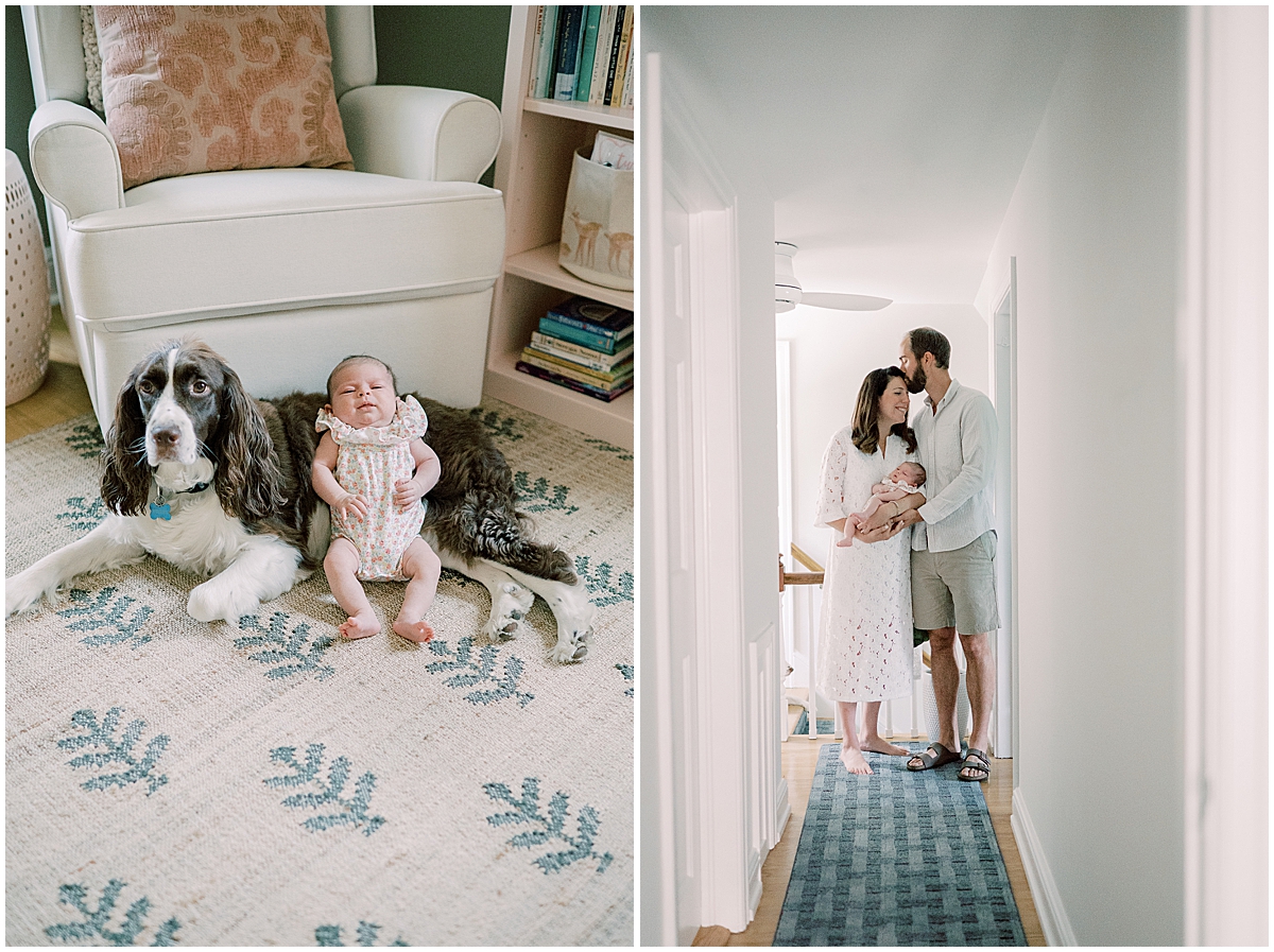 dog and newborn in nursery laying on floor during in-home family session