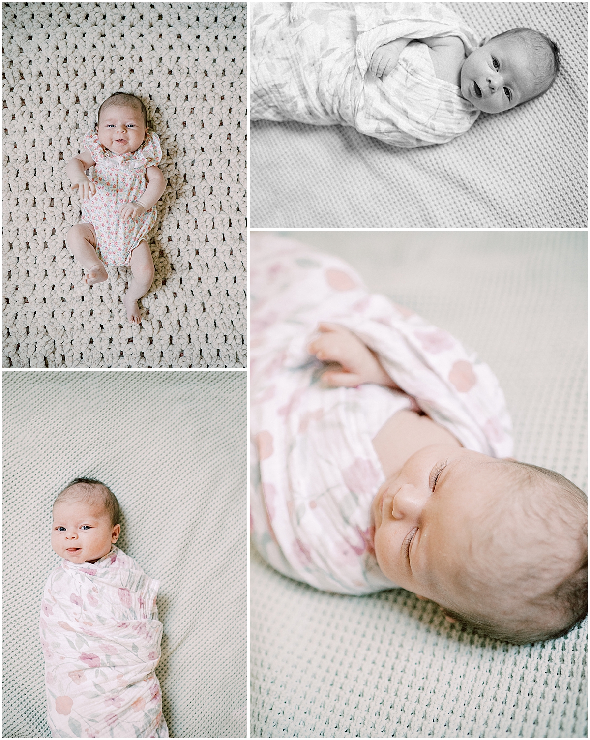 newborn baby in swaddle laying on white sheet with Pennsylvania family photographer 