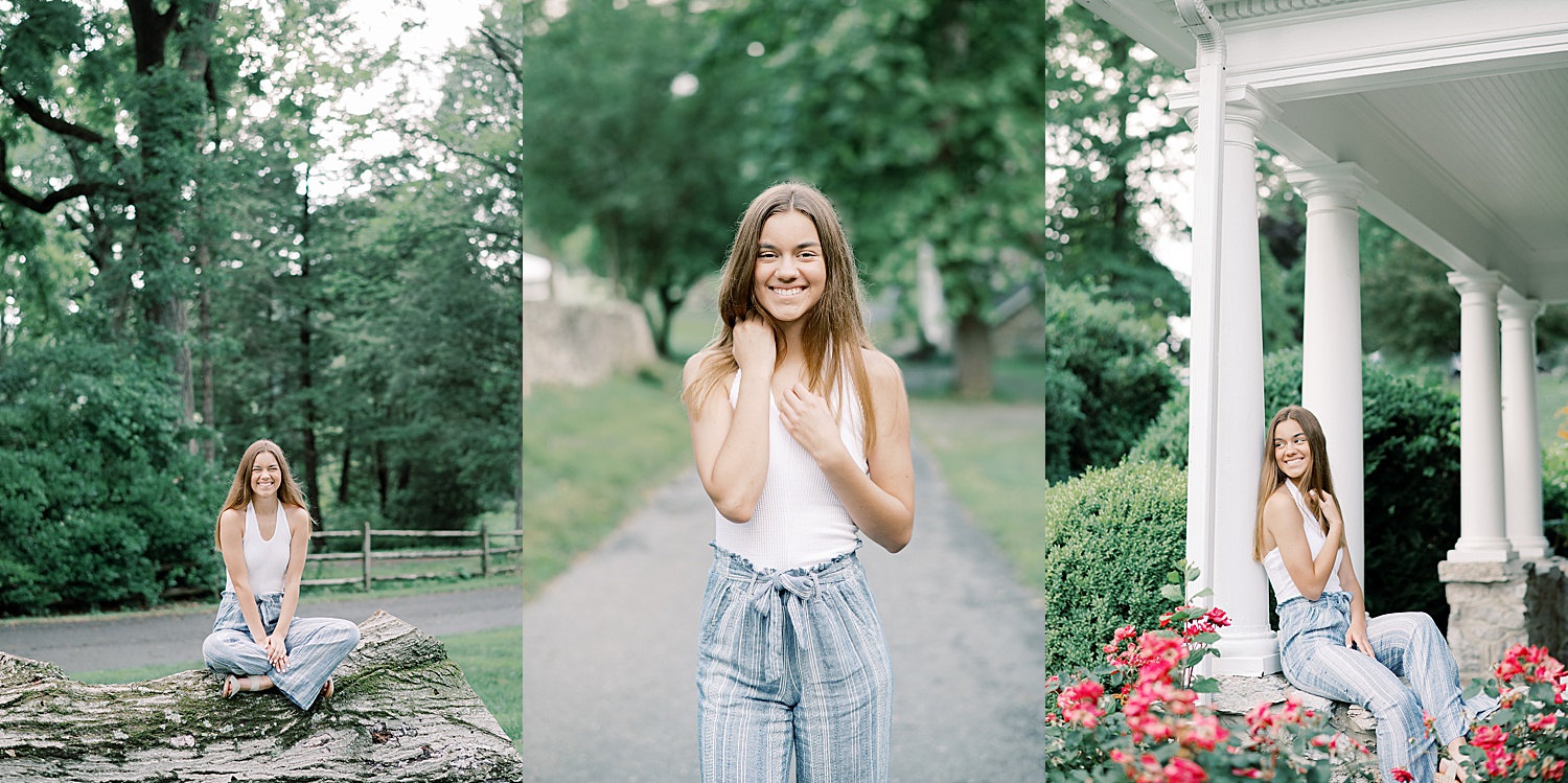 girl wearing stripped summer pants and white top by Pennsylvania senior photographer 