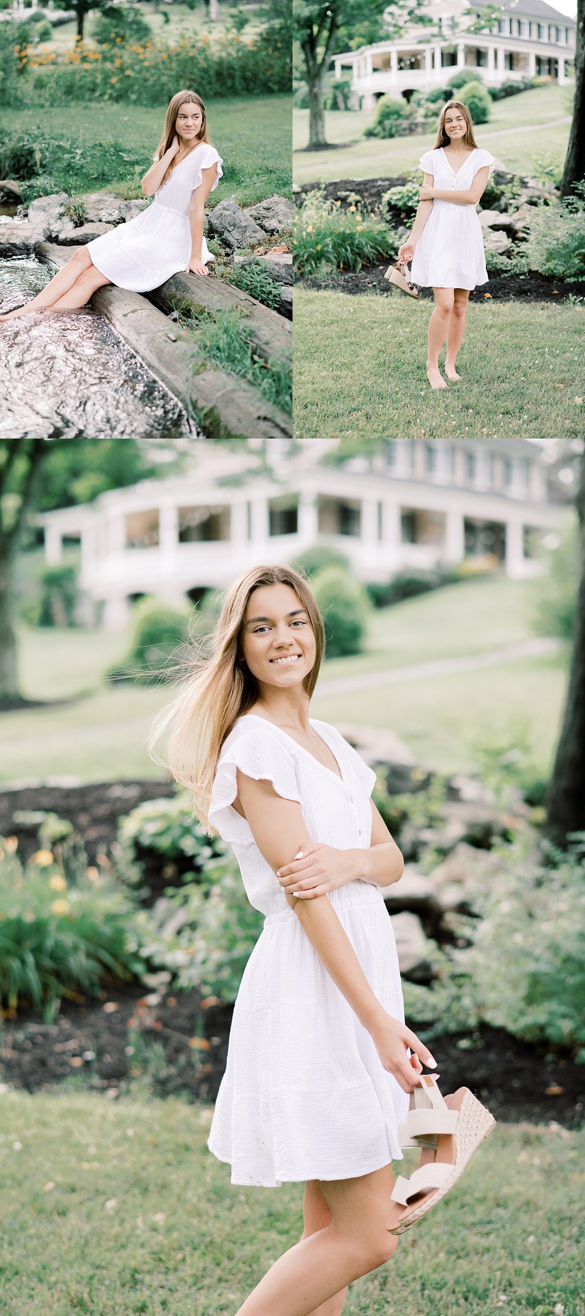 senior session with girl in white dress and heals sitting on log by Addie Eshelman Photography 